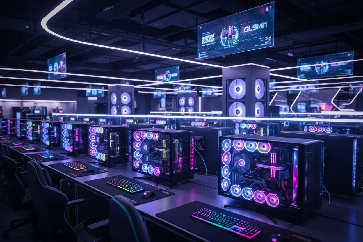 generate a picture 1400*1400, the content is about Gaming cafes.Enduring cooling@eye-catching RGB