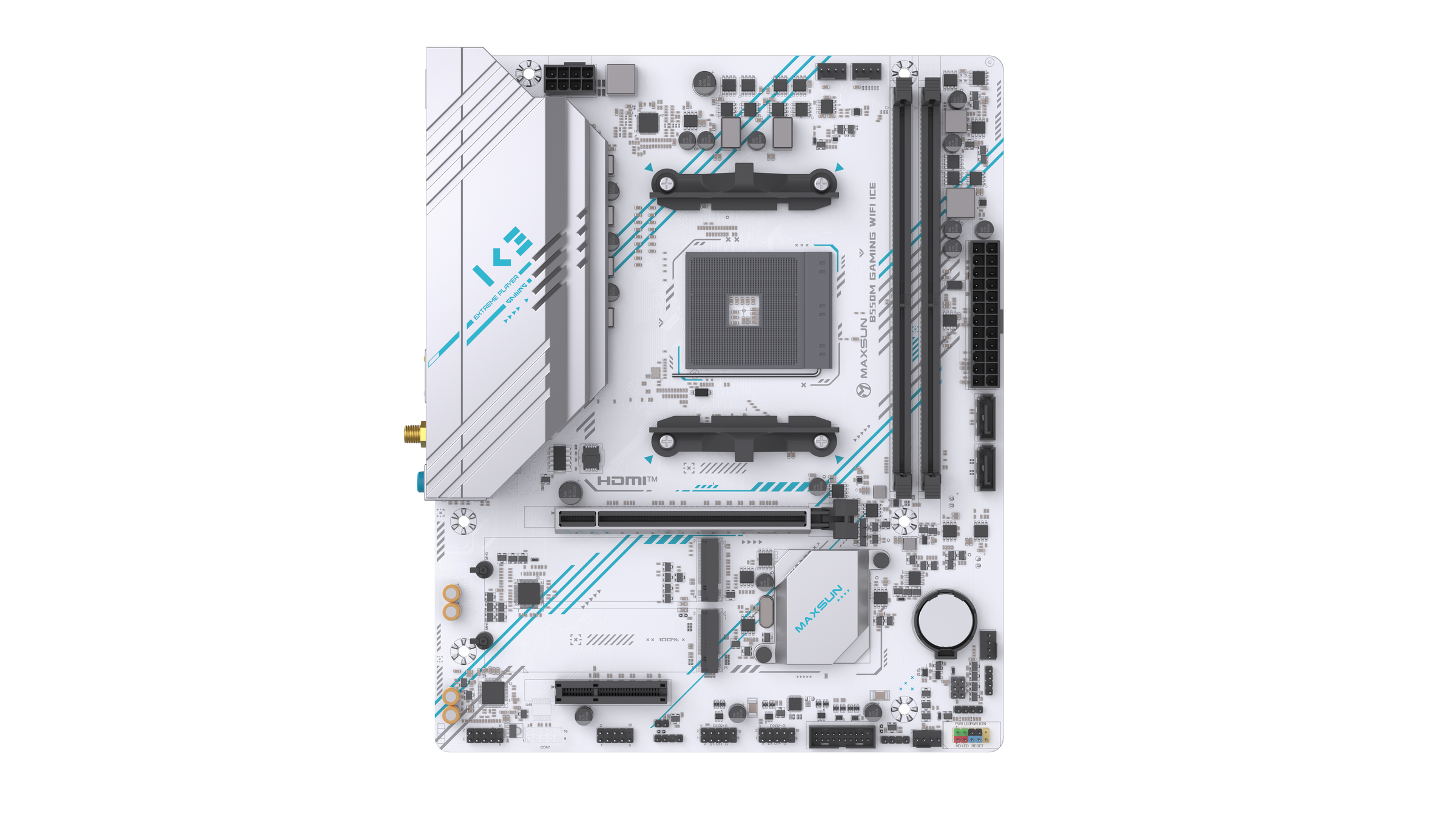 Материнская плата MAXSUN MS-B550M GAMING WIFI ICE, AM4, AMD B550, 2xDDR4, 2xSATA, 2xM.2, 1xPCIe 4.0 x16, 1xPCIe 3.0 x4, 1xHDMI, 1xDP, 1x1Gb LAN, Wi-Fi 5, Bluetooth 4.2, 2xUSB-A 5Gbps, 4xUSB-A 2.0, 3x3.5 мм, 5.1, mATX