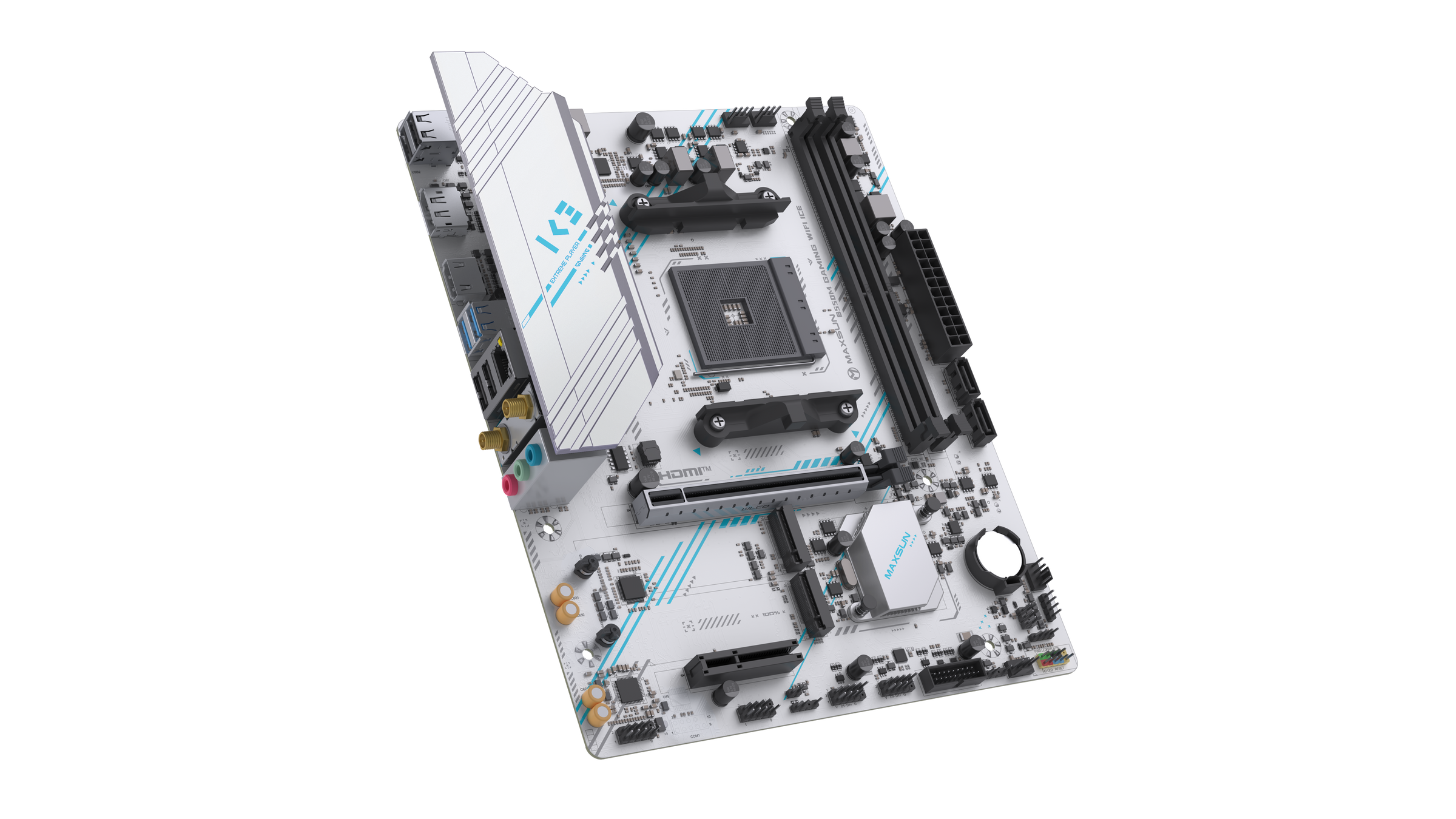 Материнская плата MAXSUN MS-B550M GAMING WIFI ICE, AM4, AMD B550, 2xDDR4, 2xSATA, 2xM.2, 1xPCIe 4.0 x16, 1xPCIe 3.0 x4, 1xHDMI, 1xDP, 1x1Gb LAN, Wi-Fi 5, Bluetooth 4.2, 2xUSB-A 5Gbps, 4xUSB-A 2.0, 3x3.5 мм, 5.1, mATX, фото2