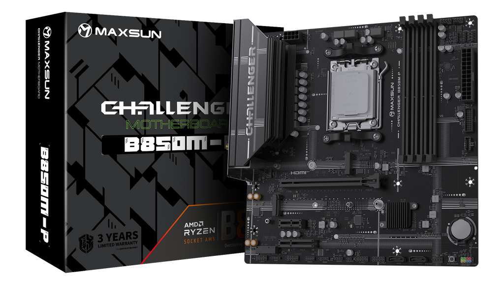 MAXSUN MS-Challenger B850M-P WIFIのパッケージと基板画像、黒基調のAM5 Micro-ATXマザーボード