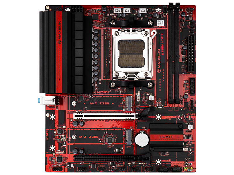 MAXSUN MS-B850M I-CAFEの基板画像、黒PCBに赤いヒートシンクを組み合わせたAM5 Micro-ATXマザーボード