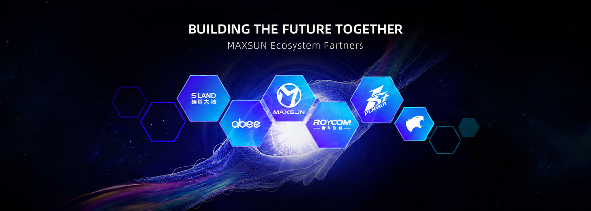 MAXSUN ecosystem partners banner with ROYCOM and Panther logos in matching blue hexagons