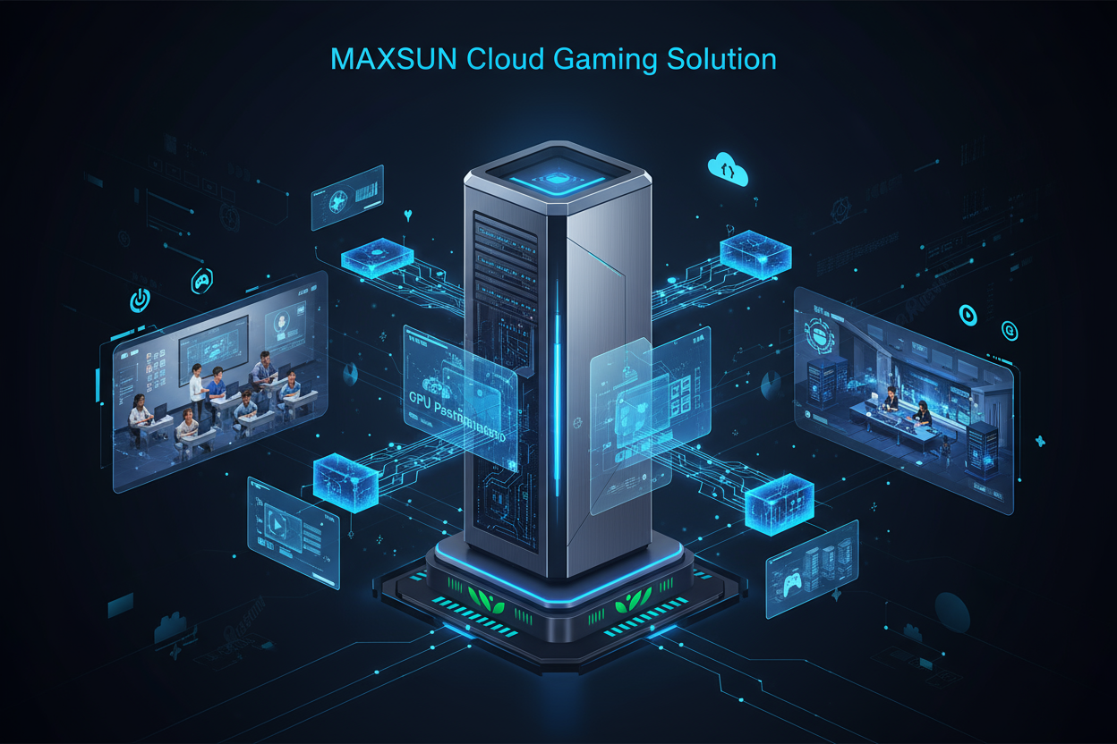size:1000*1200 content:Equipped with GPU passthrough for remote desktops, containerized scheduling support, and hardware-level virtualization, MAXSUN’s cloud gaming solution is the ideal choice for edge nodes, education, and hybrid enterprise deployments. Its low-power design enables flexible setups, supporting both self-hosted cloud infrastructures and mainstream cloud gaming platforms.