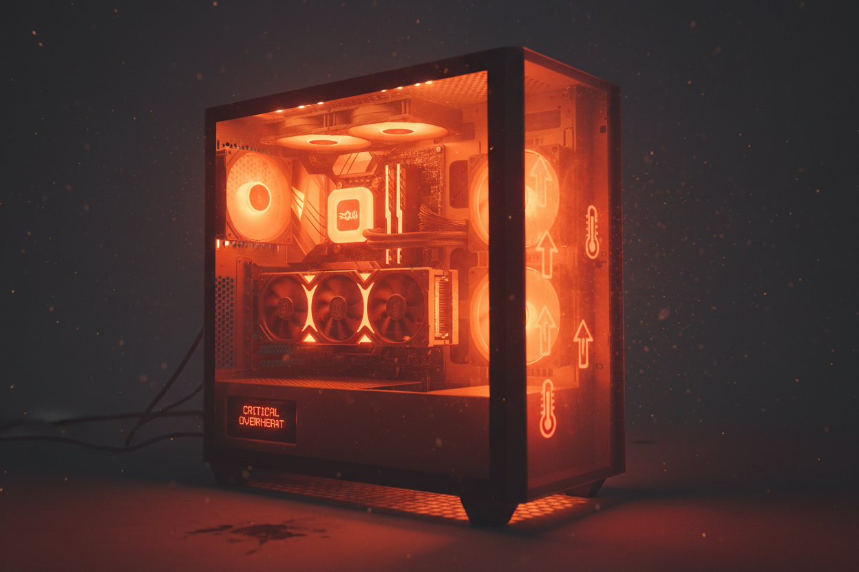 size:2000*1200
Generate an image showing the entire case at extremely high temperatures before using water cooling.
